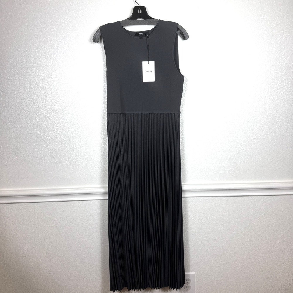 Theory Pleated Midi Dress Women's M Charcoal Gray Sleeveless Crew Neck Knit NWT